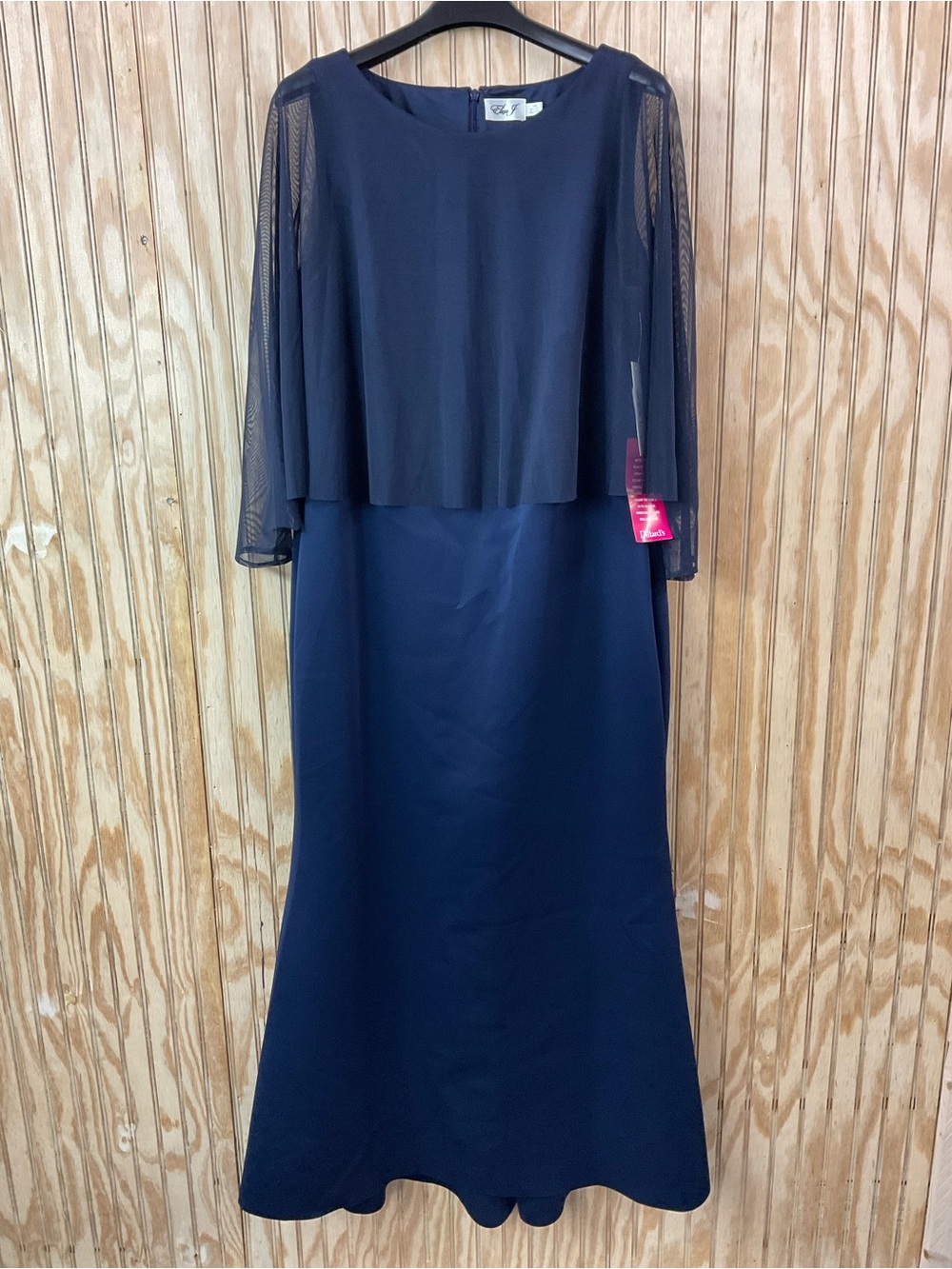 Eliza J Navy Layered Mesh Sleeve Evening Gown